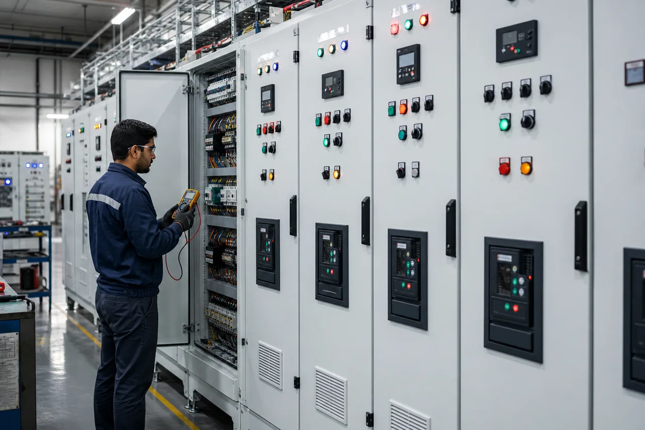 Finished electrical panels and PLC cabinets under test