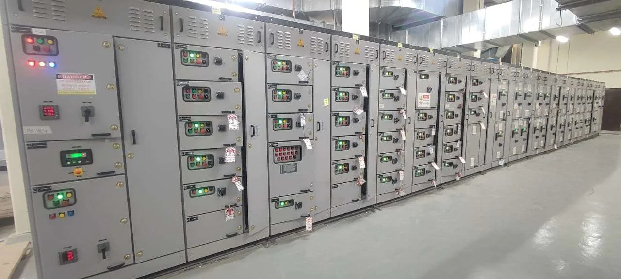 Extended indoor MCC panel lineup with operating indicators